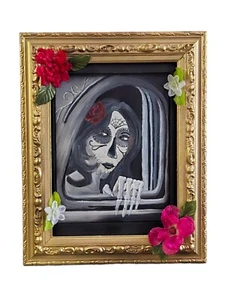 Large 22" x 17" Black and White "Classic Beauty" Sugar Skull Framed Painting - Picture 1 of 7