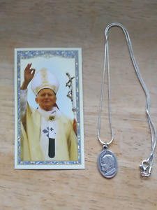 St Pope John Paul II Medal 925 Sterling Silver chain necklace prayer card