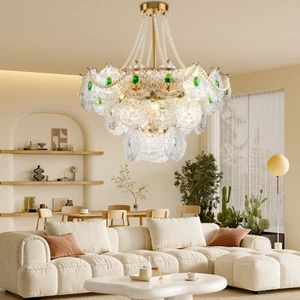 24" Luxury 3-Layer Glass Pendant Light Crystal Chandelier Green Jewel Decor Lamp - Picture 1 of 15