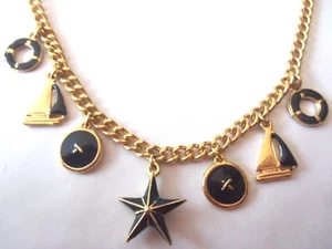 VINTAGE NAUTICAL GOLDTONE AND NAVY BLUE ENAMEL FASHION NECKLACE - Picture 1 of 4