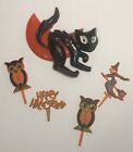 Lot 5 Vtg Halloween Cake Cupcake Toppers Witch-Black-Cat-Owls-Happy Halloween