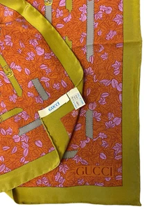 VTG Gucci Silk Scarf Olive, Rust, Purple Leaves, GG Belt, GUCCI Hand-Rolled Edge - Picture 1 of 11