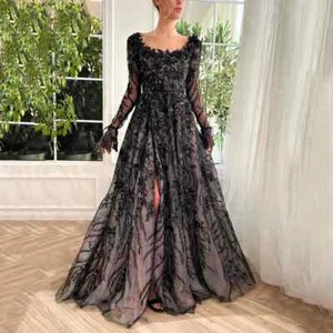 Luxury Black Wedding Dresses Long Sleeves Bridal Gowns Illusion Neck Thigh Slit - Picture 1 of 10