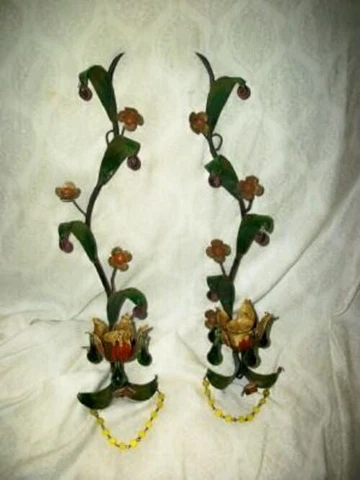 1930s ITALIAN TOLE CANDLE SCONCES PINK FLOWER MURANO VENETIAN GLASS FRUIT PRISMS Cover