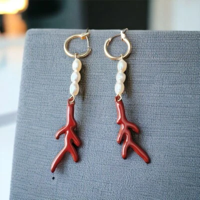 White Faux Pearl Rice & Red Coral Earrings Gold Hook Pre-Owned - Image 1 of 4
