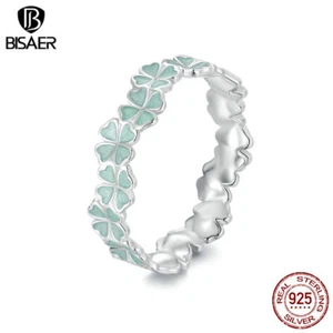 Bisaer S925 Sterling Silver Green Four-leaf Cz Wedding Rings Women Gifts Jewelry - Picture 1 of 15