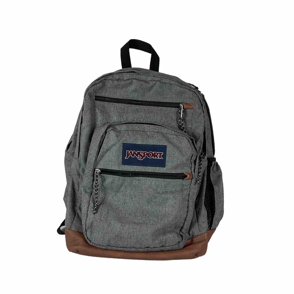Mochila Estudiante Jansport Vintage Gris con Parte Inferior de Cuero Marrón 5 Bolsillos con Cremallera Y2K Foto 1 de 4