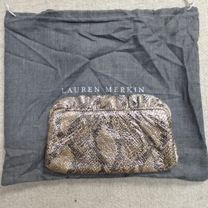 Lauren Merkin Clutch Beige Snake Print Envelope Purse Dust Bag - Picture 1 of 9