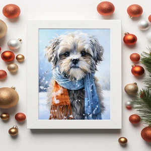 Shih Tzu en un estampado de bufanda de invierno, pintura en acuarela, retrato de mascota - Imagen 1 de 10
