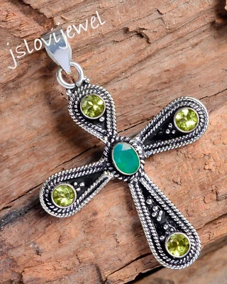Facettierter Peridot & grüner Onyx Edelstein 925 Sterling Silber Kreuz Festiv... - Bild 1 von 4