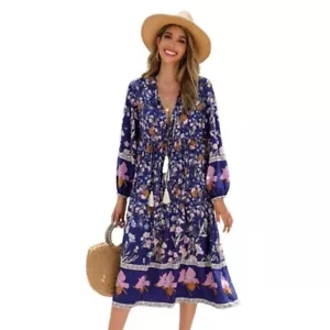 R. Vivimos Damen-Langarm Retro V-Ausschnitt Quaste Boho Midi-Kleid Blumenmuster Gr. 2XL - Bild 1 von 14