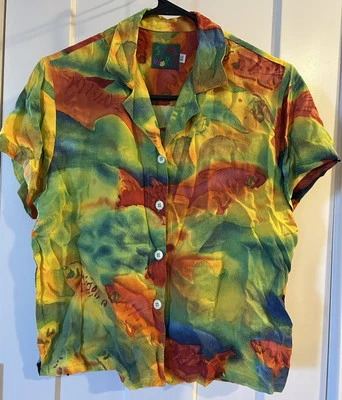 Camisa vintage anos 90 JAMS WORLD rayon peixe de fogo havaiano ARTE ABSTRATA estampa XS - Imagem 1 de 4