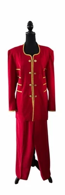 Traje pantalón rojo Ben Marc 2 piezas con ribete dorado, talla 16 Foto 1 de 4