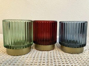 3er Set Teelicht Kerzenhalter rot grün blau gold Mid Century Stil gerippt - Bild 1 von 20