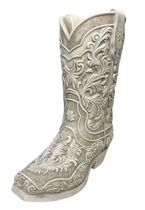 Cowgirl Boot Flower Vase &#8211; 9&#8221; Tall Antique White Finish with Intrica - Picture 1 of 9