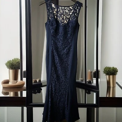 J S Collections Formal Sleeveless Embroidered Lace 52" Long Dress Size 2 Navy - Image 1 of 4