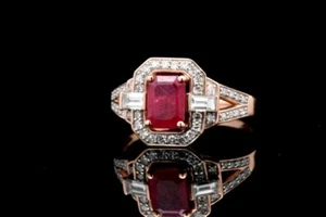 14k Rose Gold Natural Emerald Cut Ruby Gemstone 1/2 CT Diamond Halo Ring Size 8 - Picture 1 of 12