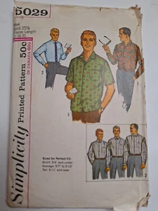 Shirt Button Mens 15 1/2" Simplicity 5029 Sewing Pattern VTG Short Long Sleeve - Picture 1 of 9