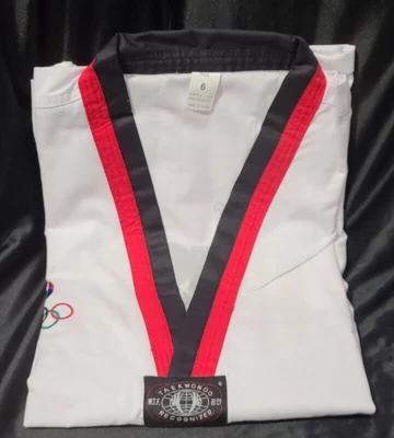 ❤RARO❤ TAEKWONDO RECONOCIDO COREA EE. UU. OLIMPIADAS TALLA Talla 6 Blanco GI Completo❤ Foto 1 de 4