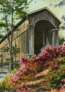 Shoreham Covered RR Bridge, Vermont. Gerald Hill retratos en acuarela ilustraciones - Imagen 1 de 1