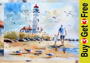 Seaside Stroll With Grandpa 5"x7" Print on Matte Paper | Beach Lighthouse Art - Picture 1 of 17