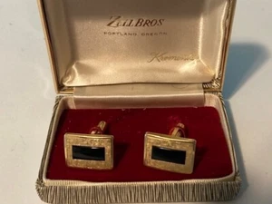 VINTAGE GUTER ZUSTAND PAAR HERREN GOLDFARBENE & SCHWARZE KREMENTZ MANSCHETTENKNÖPFE MIT BOX - Bild 1 von 4