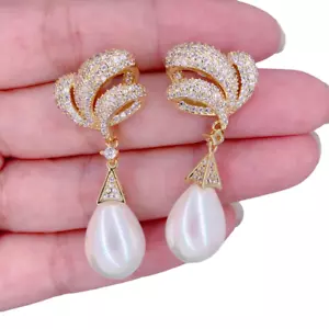 13x18mm Sea Shell Pearl Gold Plated Cz Pave Stud Drop Earrings Gifts - Picture 1 of 6