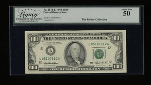 DBR 1993 $100 FRN San Francisco Fr. 2174-L Legacy AU-50 Serial L05107910A - Picture 1 of 2