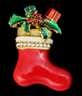 Bright Red Loaded Christmas Stocking Brooch Pin Enamel & Rhinestones