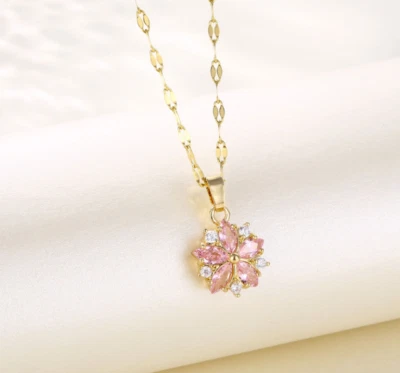 Titanium Gold Pave CZ Pink Cherry Blossom Flower Pendant Chain Necklace - Imagem 1 de 3