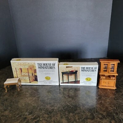4 House Miniatures Doll House Furniture Kit Canopy bed Table China hutch  1:12 - Image 1 of 4