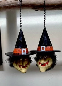 Pair of Funky Vintage Carved Witch Face-Heads; Halloween Decor Ready to Hang - Picture 1 of 7