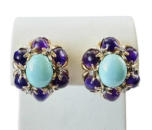 Retro Turquoise Amethysts & Diamonds 14k Yellow Gold Omega Clip Earrings 19.6 g - Picture 1 of 19