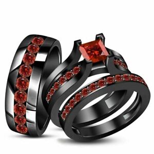 Women's Bridal Trio Set Lab Created Ruby Red 14k Gold Plated Silver 2.50 Carat