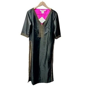 NEW Gretchen Scott Simply Chic Hand Beaded Kurta 3/4 Sleeve Midi Dress Black XS - Picture 1 of 10