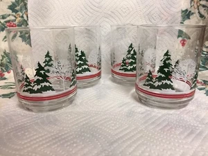 4 Libbey WINTER TREES Tumbler Snow Red Band Glasses Set 4” Vintage EUC Lot C - Picture 1 of 6