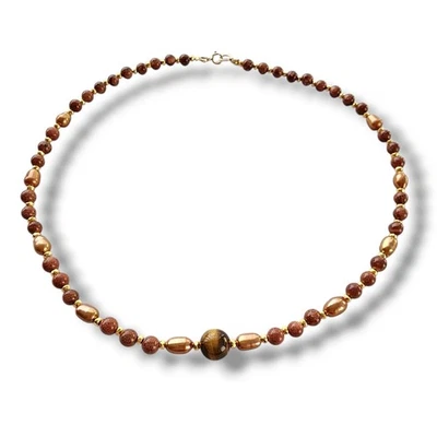 Collar Artesanal Hecho a Mano Perla Piedra Dorada Ojo de Tigre Piedras Preciosas Hematita Nuevo 14K GF Foto 1 de 4