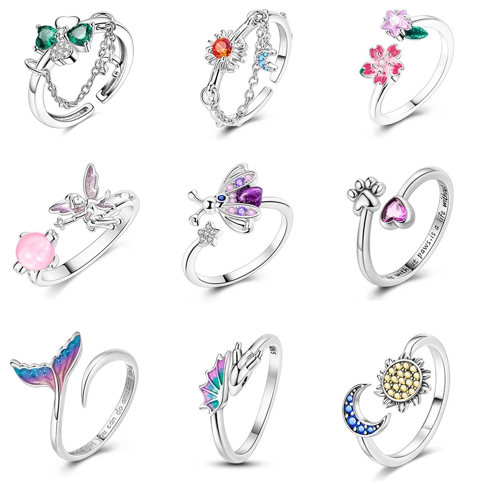 European Elegant Open Ring 925 Sterling Silver CZ Butterfly Sunflower for Women - Image 1 of 1