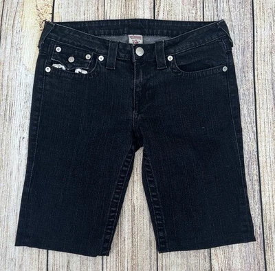 True Religion Joey Jean Shorts Size 32 Black Denim Cutoff Bermuda Silver Stitch - Image 1 of 4