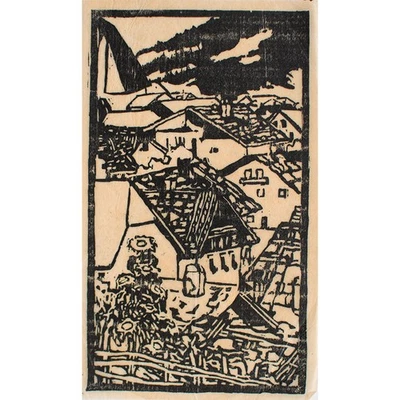 Ortsansicht süddeutsch? unsigniert Holzschnitt auf Japan Anfang 20 Jhd - Bild 1 von 4