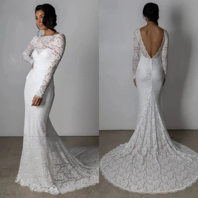Boho Mermaid Wedding Dresses Scoop Neck Long Sleeves Lace Appliques Bridal Gowns - Image 1 of 4