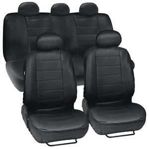 Black Synthetic Leather Set Car Seat Cover Genuine Leather Feel Front & Rear Set