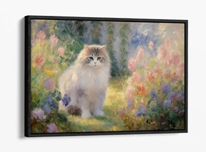 CLAUDE MONET STYLE CAT IN GARDEN -DEEP FLOAT EFFECT FRAMED CANVAS WALL ART PRINT - Picture 1 of 12