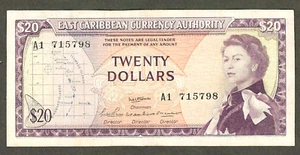 EAST CARIBBEAN CURRENCY AUTHORITY - 20 DOLLARS 1965 - P-15 - SIGNATURE 2 - RARE  - Bild 1 von 2