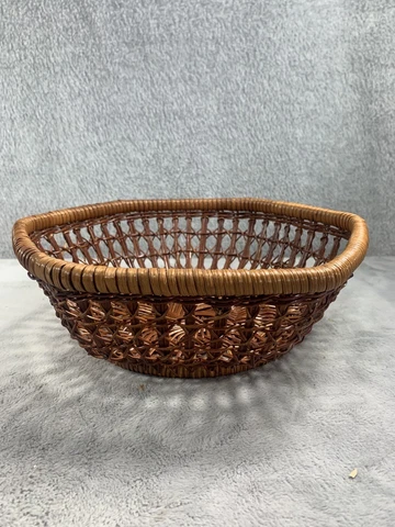 Vintage Woven Wicker Dark Brown Hexagon Shallow Basket Cover