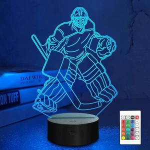 Ice Hockey Goalie Night Light Kid 3D Optical Illusion Lamp with 16 Colors Remote - Picture 1 of 9