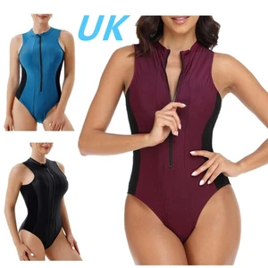 AU Womens One Piece Zipper Sleeveless Bodysuit Rash Guard Swimwear Bathing Suit - Picture 1 of 29