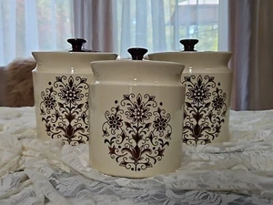 Vintage Brown Flowers Ceramic Dry Good Jars- 60s-70s Earth Tones Kitchen Decor - Picture 1 of 7