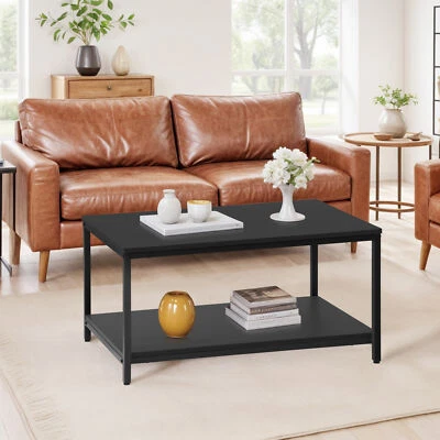 2-Tier Coffee Table End Table Rectangle Wood Center Table for Living Room Black - Image 1 of 4