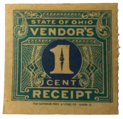 Vintage Blue 1930s Ohio Vendor 1c Receipt Prepaid Sales Tax Superior Litho Akron - Image 1 of 2